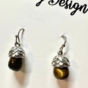 J.Jill Tiger’s Eye & Silver Acorn Drop Earrings • 1″